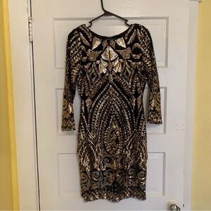 Gianni Bini gold sequin black mesh long sleeve mini dress